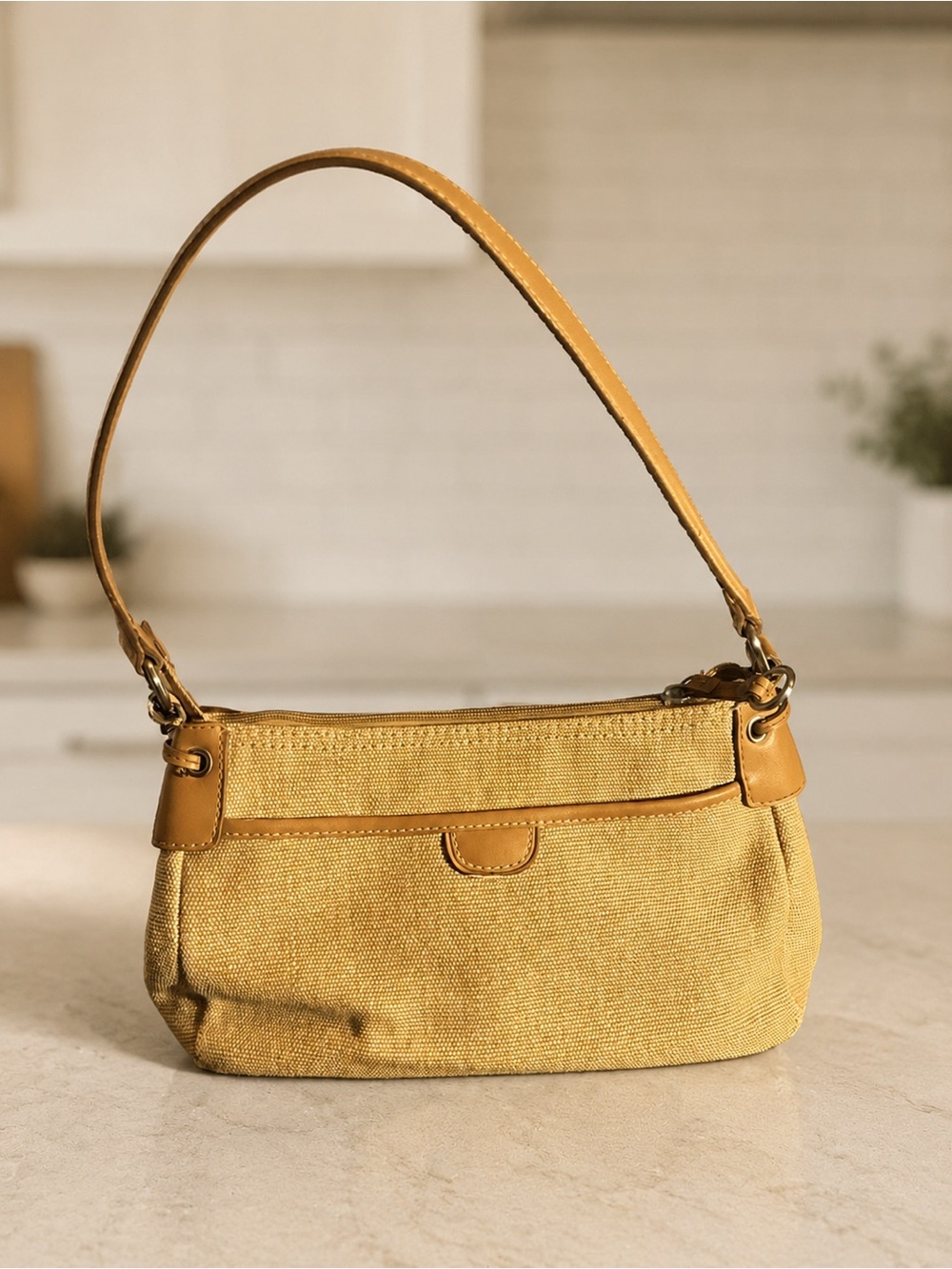 Vintage Fossil #75083 Tan Woven Tweed Leather Shoulder Bag